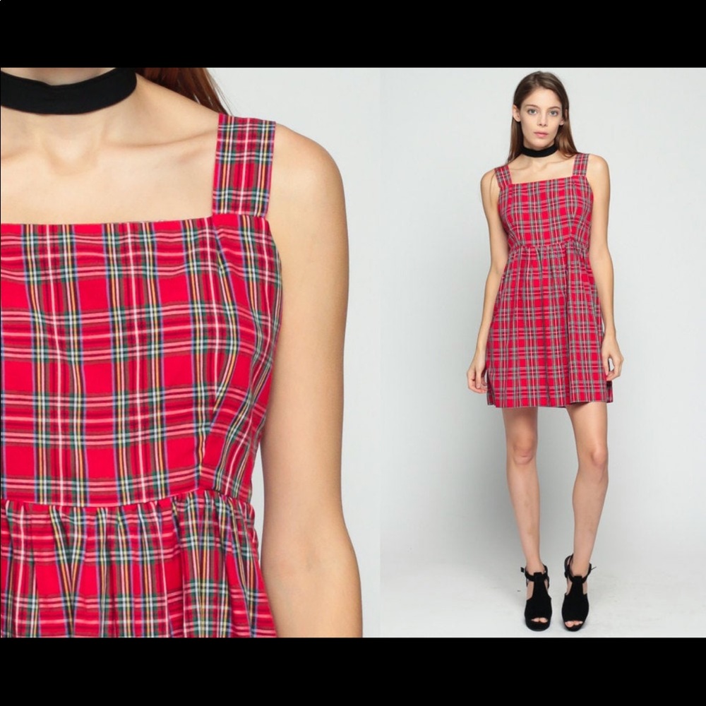 Red Plaid Dress 70s Babydoll Dress Mod Mini 1970s Boho Preppy Vintage Tartan med - Picture 1 of 5